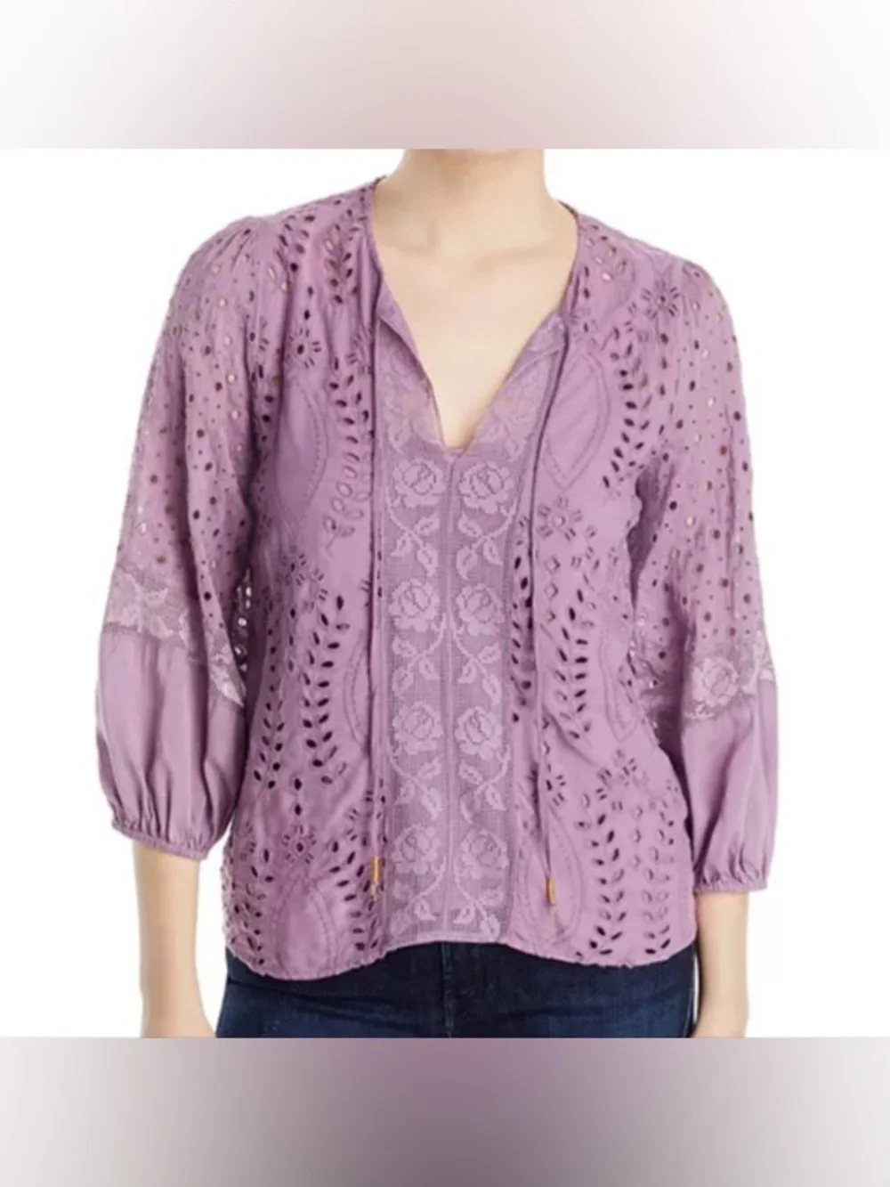 Johnny Was Lavender Eyelet Embroidered Peasant Blouse